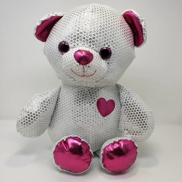 Dan Dee White Metallic Silver Pink Teddy Bear Plush 16" Stuffed Animal Toy Heart - Picture 1 of 6